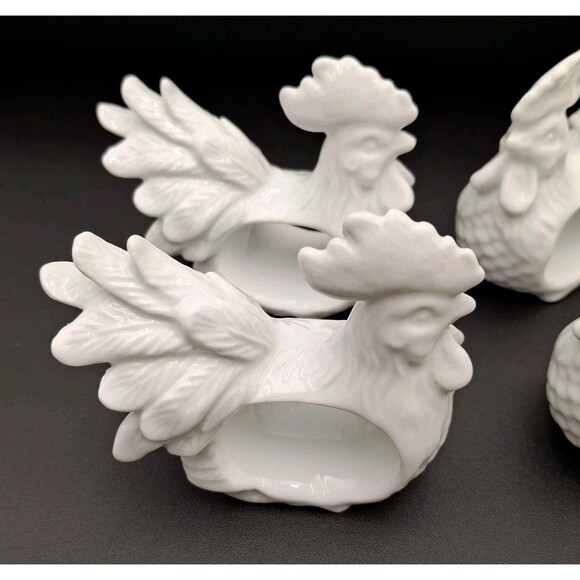 Unique Rooster Large Comb Large Plummage Napkin Rings White Porcelain Set Of 4 - Picture 3 of 13